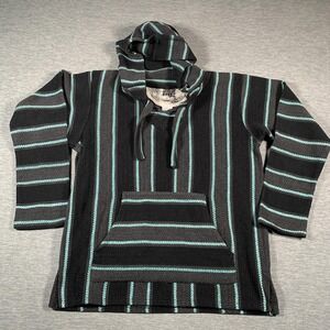 Senor Lopez Baja Hoodie Mens Large Black Teal Striped Woven Pullover Poncho Surf